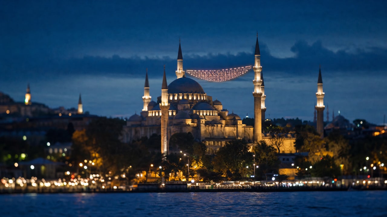 Ramazan Bayramı filminden mahyalarla aydınlatılmış İstanbul manzarası